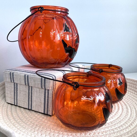 Halloween Glass Pumpkin Orange Tea Light Votive Candle Holders Bowls Set Decor - Picture 6 of 11